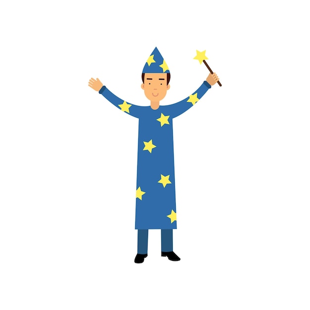 Goochelaar in een blauw pak en pet met sterren met een toverstaf, circusartiest vector illustratie geïsoleerd op een witte background