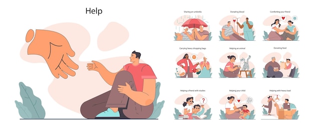 Vector good action or deed set concept of support and kindness sharing in family friend group or local community empathy and help for people in need flat vector illustration