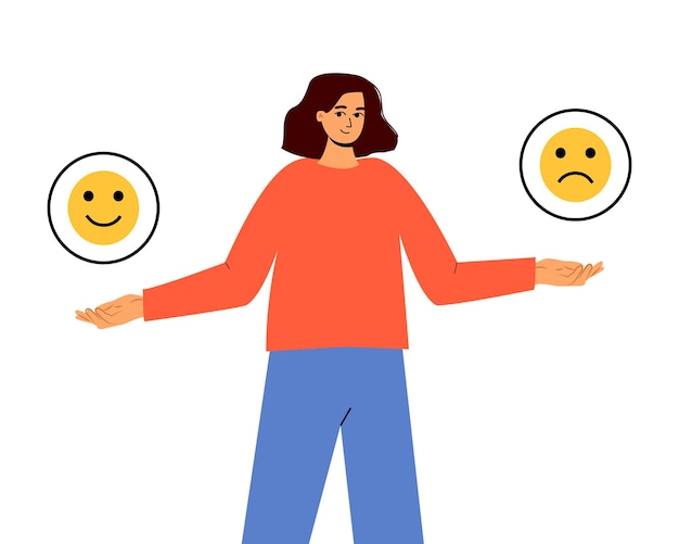 Vector good or bad mood a girl and a smile sadness or joy vector illustration