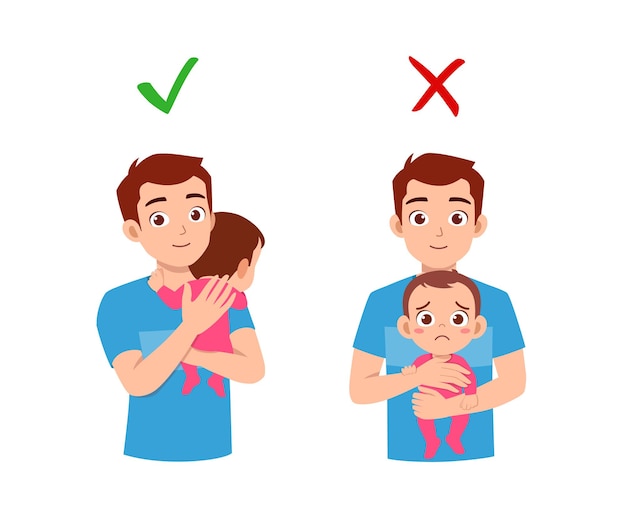 Good and bad way for father to holding baby