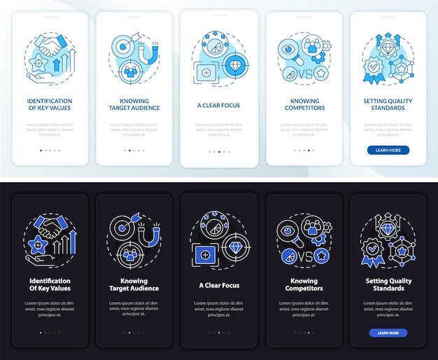 良いブランドのダークとライトのオンボーディングモバイルアプリページ画面