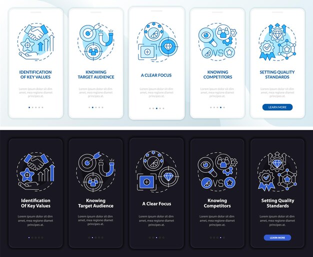 良いブランドのダークとライトのオンボーディングモバイルアプリページ画面