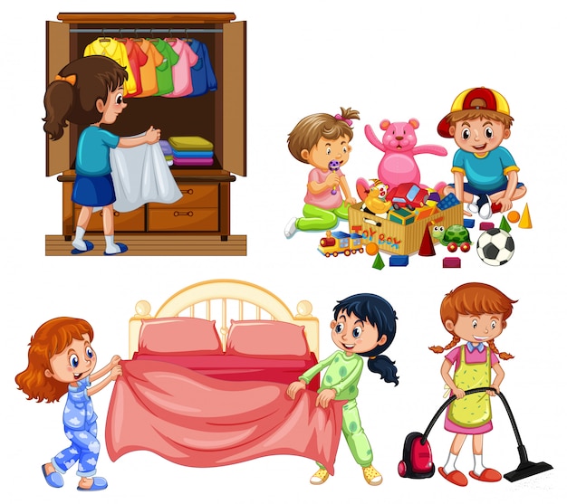 Vector good children doing housework on white background