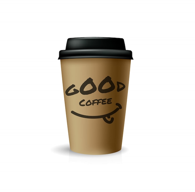 Vector good coffee for take-out. brown paper cup with black cap