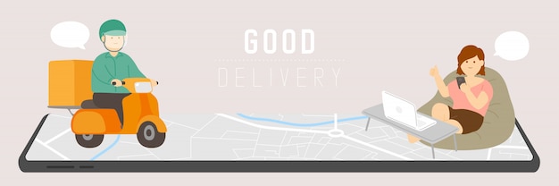 Vector good delivery man with gps navigation, social distancing covid-19 stay at home online shopping in digital marketing from smartphone application concept poster or banner illustration vector, copy space