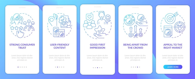 Buona importanza del design gradiente blu onboarding schermo dell'app mobile guida allo stile 5 passaggi pagine di istruzioni grafiche con concetti lineari modello gui ui ux miriade di probold caratteri regolari utilizzati