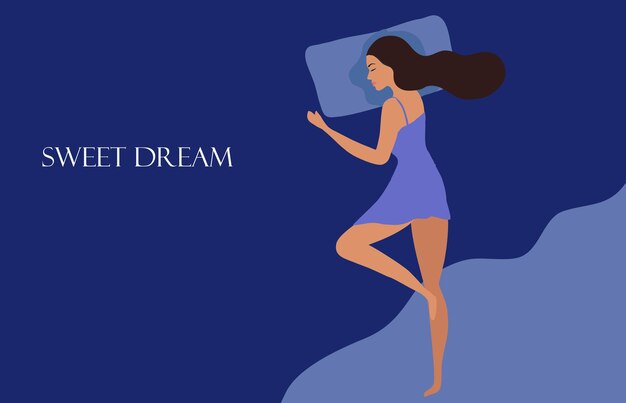 Вектор Концепция хорошего сна красивая женщина спит на кровати ночью векторная иллюстрация