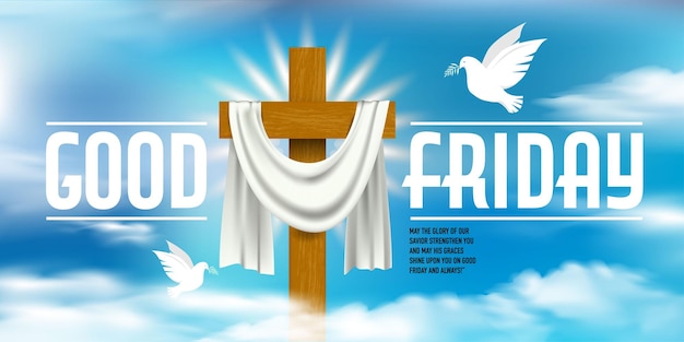 GOOD FRIDAY banner template. Christian Cross in clouds with beautiful sky with pigeon