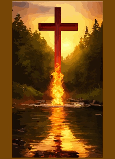 Vector good friday concept christian cross submerged in a tranquil lake symbolizing baptism and rebirth