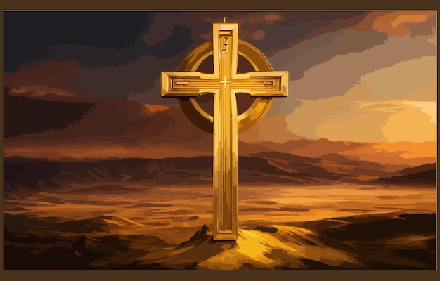 Vector good friday concept christian cross submerged in a tranquil lake symbolizing baptism and rebirth