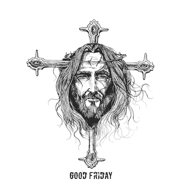Vector good friday and easter jesus face on the cross sketch vector illustration