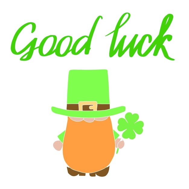 Good luck banner. square card for patrick day with leprechaun and shamrock in hat. vector