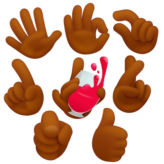 Good luck, ok,thubs up and other gestures collection. dark skin hands. 3d cartoon style.