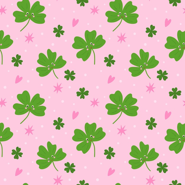 Vector good luck seamless pattern with green clover leaves stars on pink background vector st patrick day