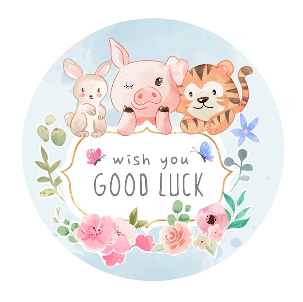 Good luck sign with cute animal friendship with colorful flowers illustration