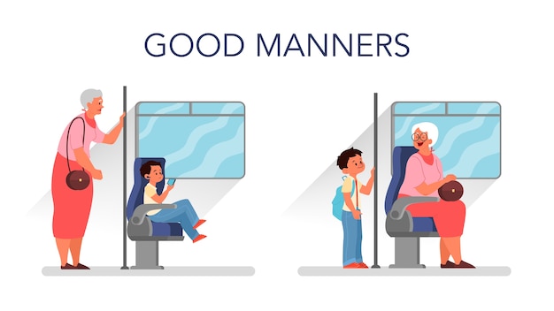 Good manners concept. Retired woman standing in the bus while little boy sitting. Biy giving way to an elderly person. Parenthood and child rearing concept.   