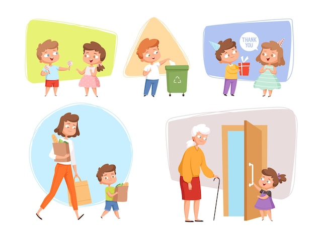 Good manners. Perfect behaving kids obedient peoples offers childrens talking with elder person vector characters. Illustration polite manners and etiquette, courteous respect