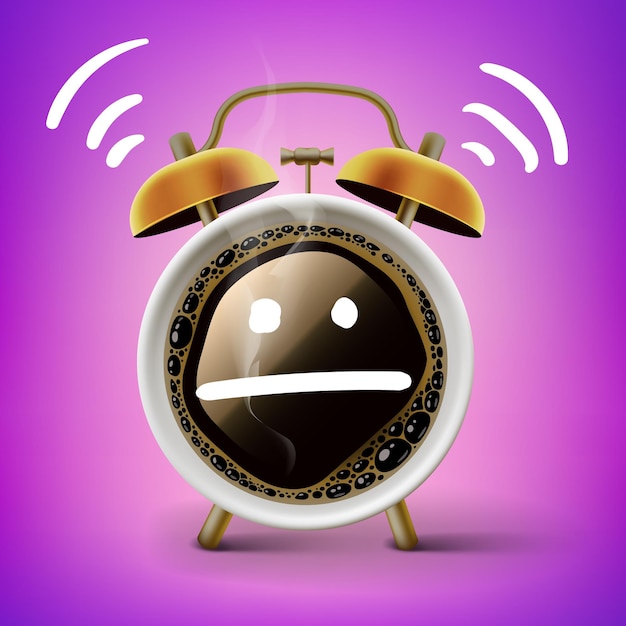 Good morning coffee and alarm clock concept. Cup on with emotion, expressionless face, vector image