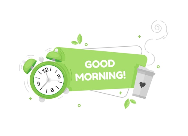 ベクトル フラットなデザインの目覚まし時計とコーヒーカップとおはようかわいいバナー