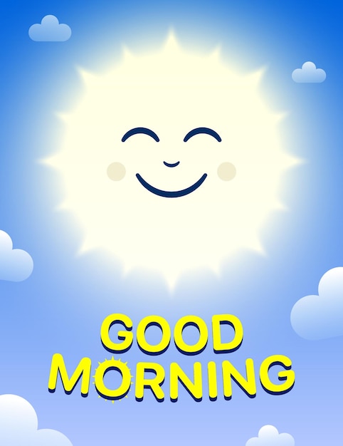 Good Morning grappig vectorontwerp met een gelukkig zonkarakter op blauwe hemelachtergrond met witte wolken