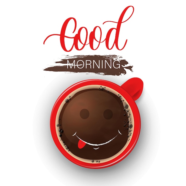 Buongiorno lettering con una tazza rossa e un sorriso eps 10