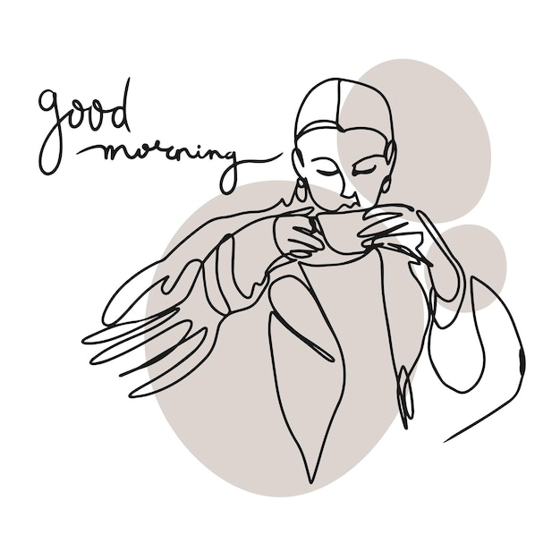 Vector good morning one line drawing girl with a cup of coffee fashion