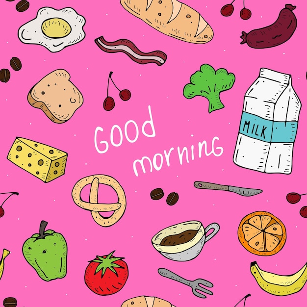 Vector good morning. seamless pattern with food for breakfast