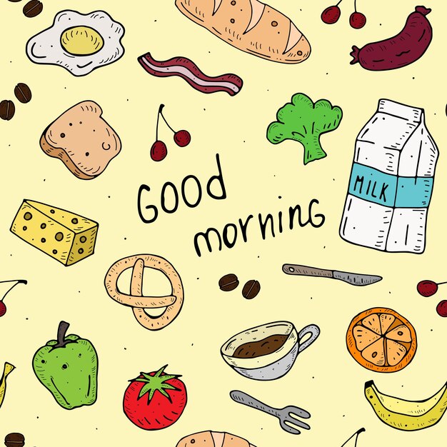 good morning seamless pattern with food for breakfast