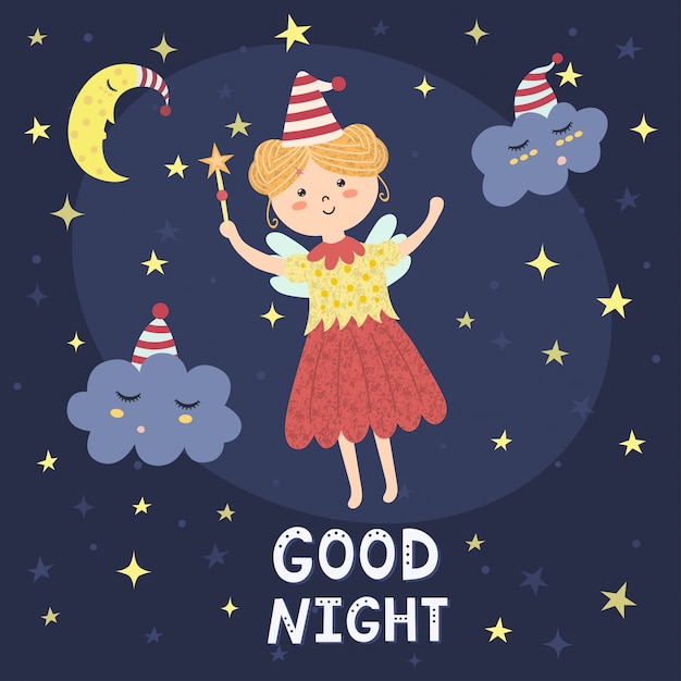 Vector good night card with a cute fairy and sleepy clouds.