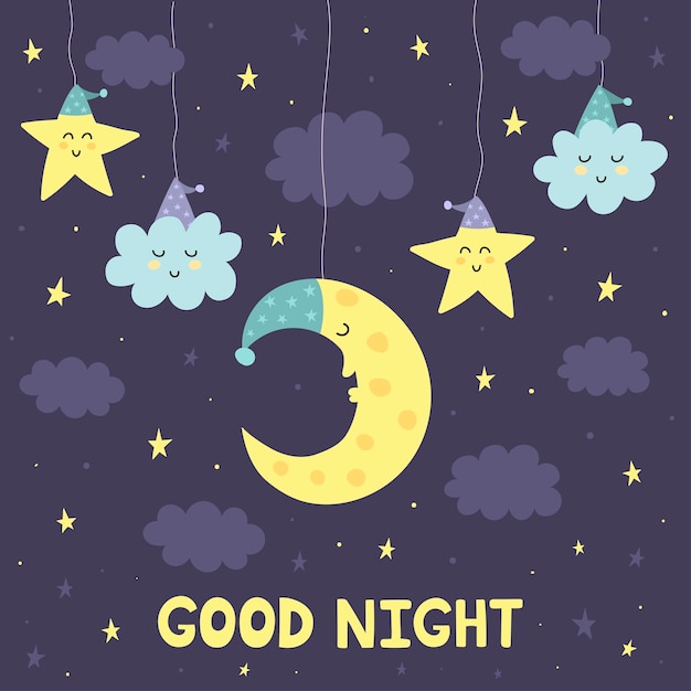 Good night card with the cute sleeping moon and stars