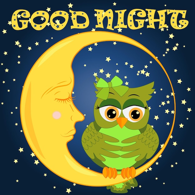 Vettore buona notte card con simpatico gufo addormentato illustrazione