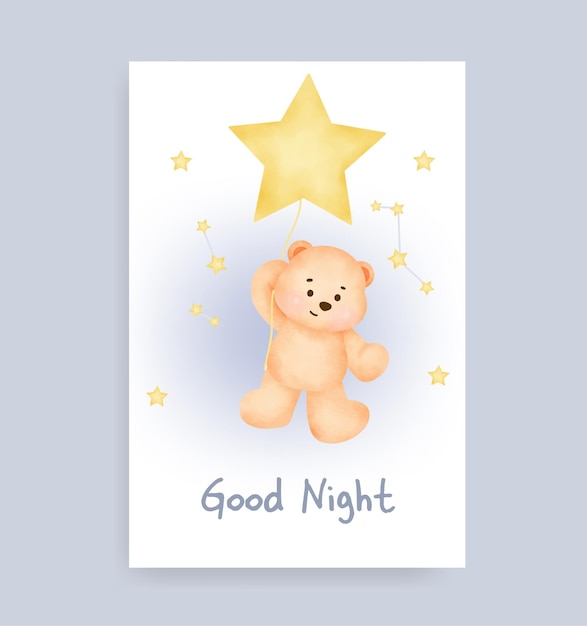 Good night card with cute teddy bear on the moon