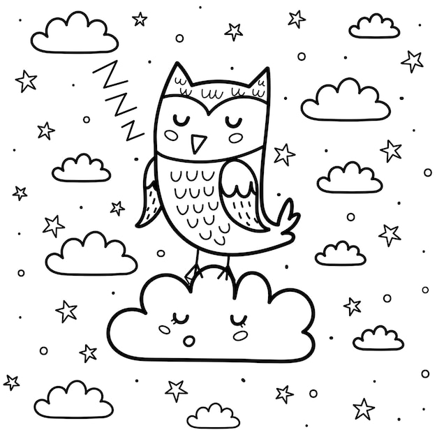 Pagina da colorare della buona notte con una bella luna addormentata e nuvola. sfondo di fantasia in bianco e nero. stampa di sogni d'oro per libro da colorare per bambini. illustrazione