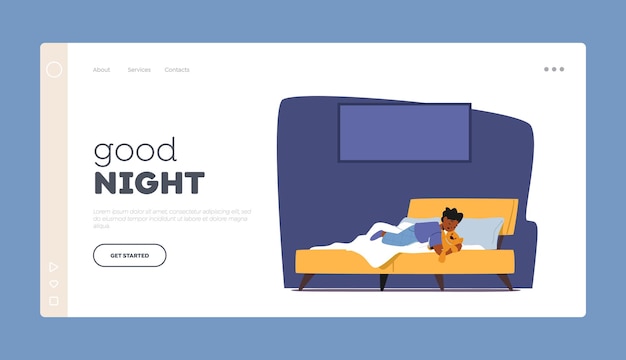 おやすみランディングページテンプレート リトルブラックベイビーボーイウェア パジャマを着ておもちゃを手に 寝室でベッドで寝ている子供