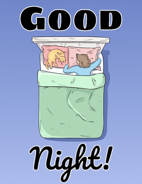 Vettore buona notte cartolina ragazza che dorme pacificamente nel suo poster del letto