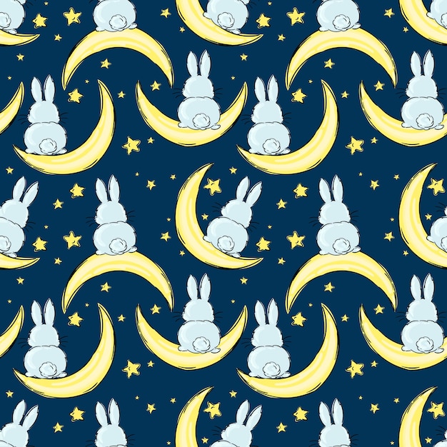 Good Night rabbit seamless pattern with cute sleeping moon stars and bunny back Sweet dreams dark background Vector illustration