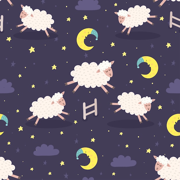 Good night seamless pattern with cute sheep jumping over a fence. Sweet dreams