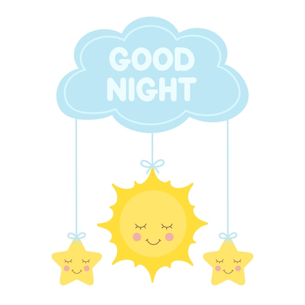 Good night sleep sun and stars banner flat vector childrens mobile for nighttime baby shower print