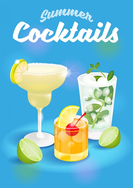 Good summer blue abstract background  with fresh ice frozen alcoholic cocktails margarita mojito whiskey sour advertising business bar restaurant party beach club modern  illustration