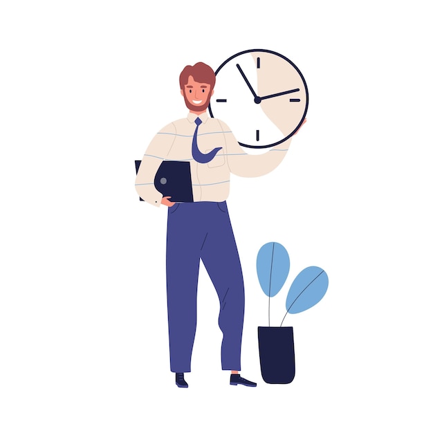 Vector good time management, scheduling concept. successful task planning, work effectiveness. office manager, happy man holding wall clock. flat vector cartoon illustration isolated on white background.