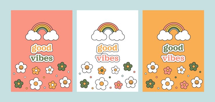 Good vibes 1970 set Три открытки с красочными мультяшными ромашками и радужным фоном 70-х годов