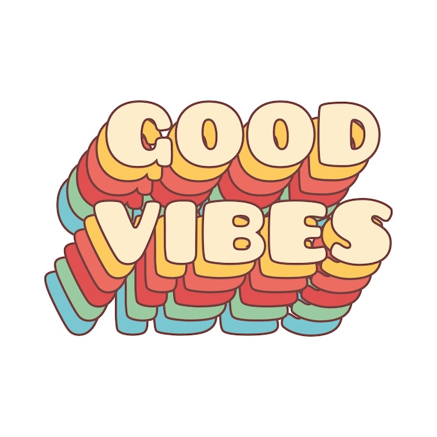 Vector good vibes belettering met vintage hippie stijl regenboog schaduw. goede vibes sticker ontwerpsjabloon