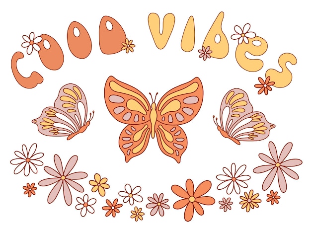 Good vibes belettering met vintage hippie-stijl vlinders en bloemen Vector illustratie