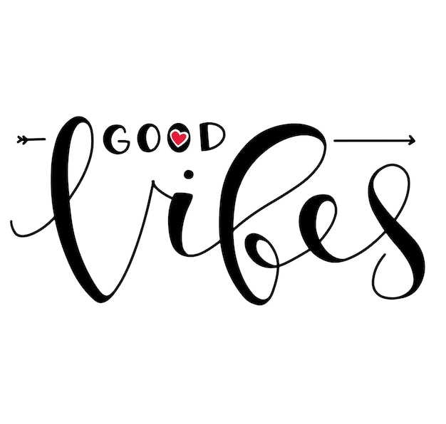 Good vibes only black text with red heart isolated on white background