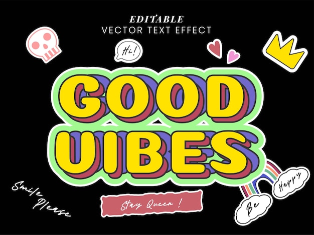 Vector good vibes only motivational text effect with retro 80's design style typography