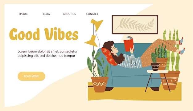 Good vibes website header with woman reading at home flat vector illustration