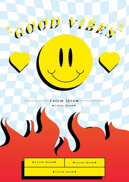 Vector good vibes y2k poster sjabloonontwerp met smiley liefde en vlam element in vector