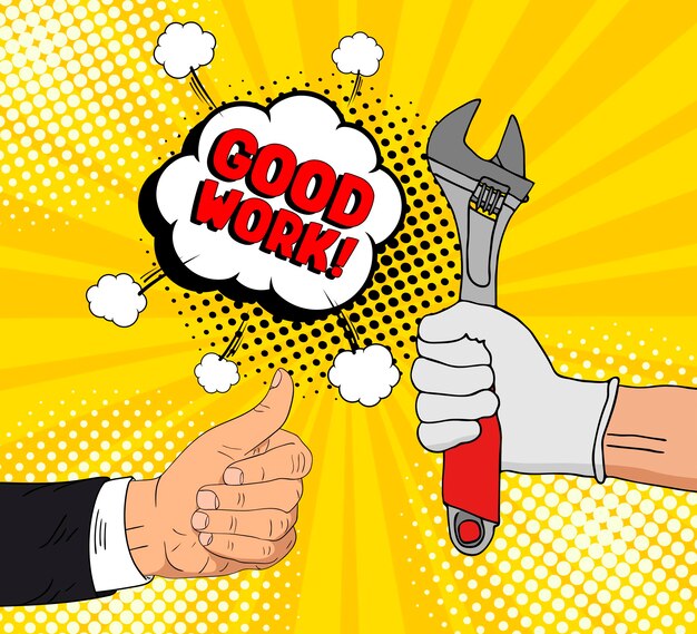 Premium vector good work banner in pop art style design