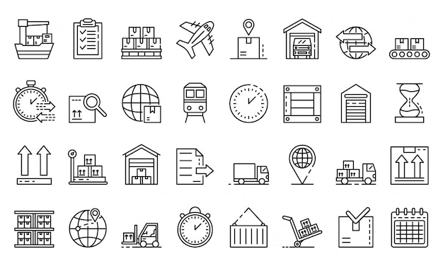 Goods export icons set, outline style