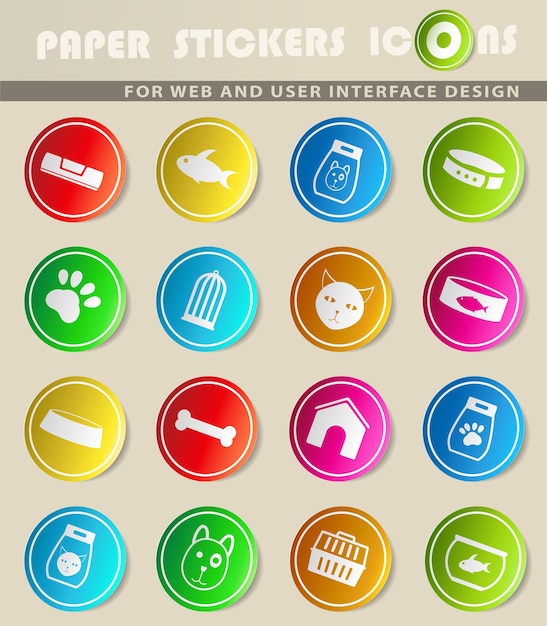 Goods for pets vector icons on colored paper stickers